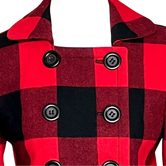 J. Crew Buffalo Red And Black Bold Plaid Wool Double Breasted Pea Coat Size 2 - Picture 5 of 11
